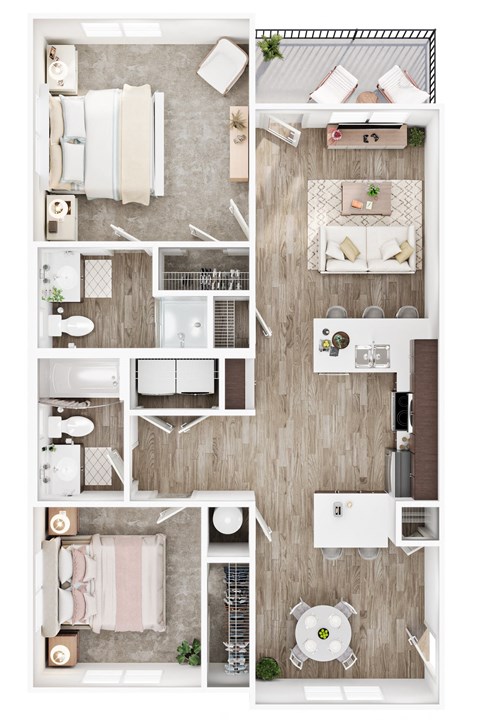 Floor plan for 2 beds, 2 baths, 967 sqft